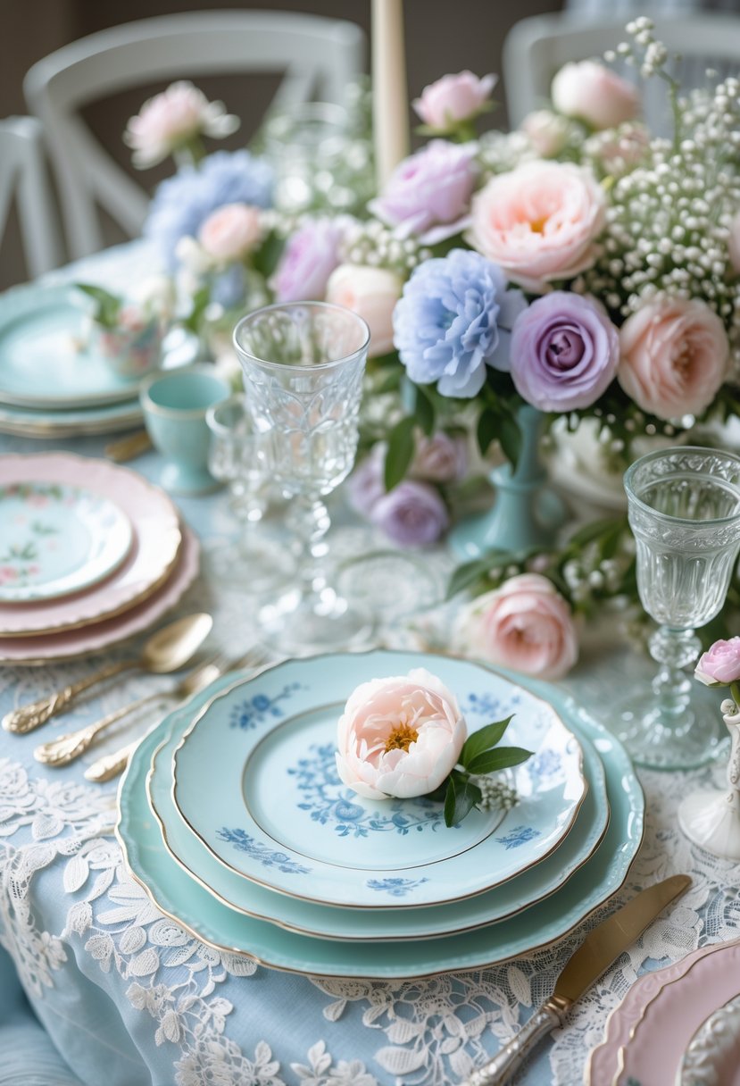 A wedding table set with powder blue vintage china, pastel flowers, and delicate glassware arranged beautifully.