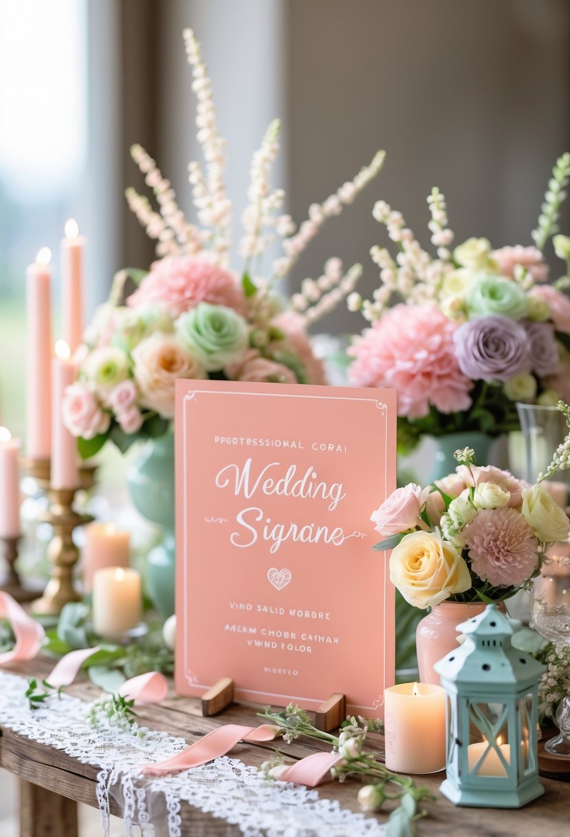 A wedding decor setup with light coral signage surrounded by pastel-colored flowers, candles, and decorative items on a wooden table.