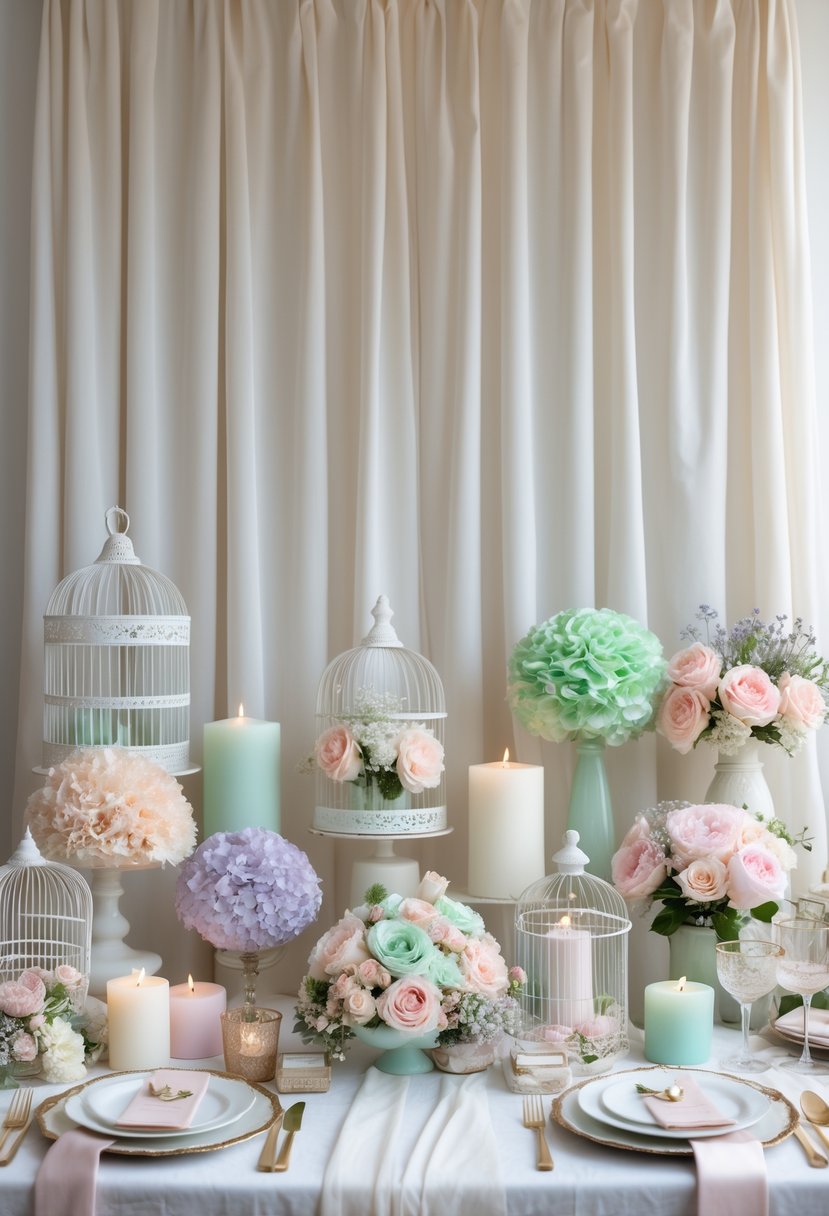 A display of pastel-colored wedding decorations arranged in front of a creamy white draped fabric backdrop.