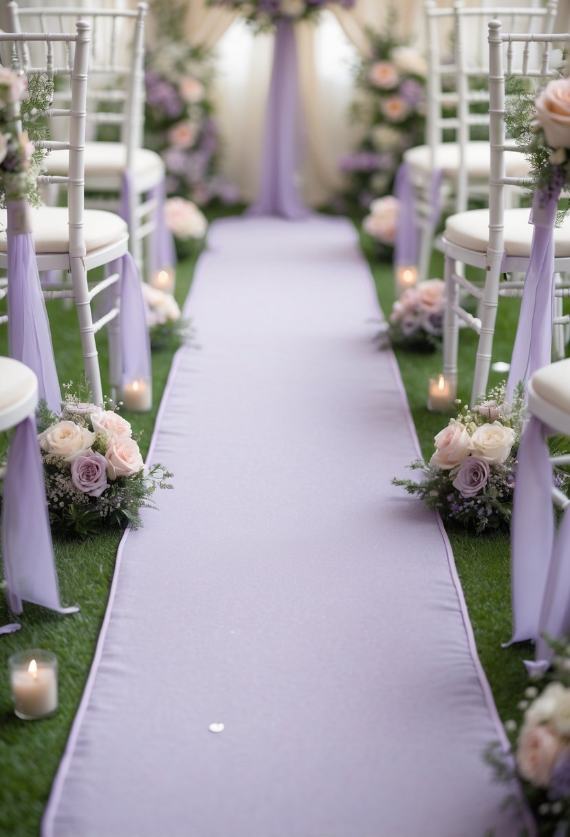 A wedding aisle decorated with lilac runners, pastel flowers, white chairs, and greenery.
