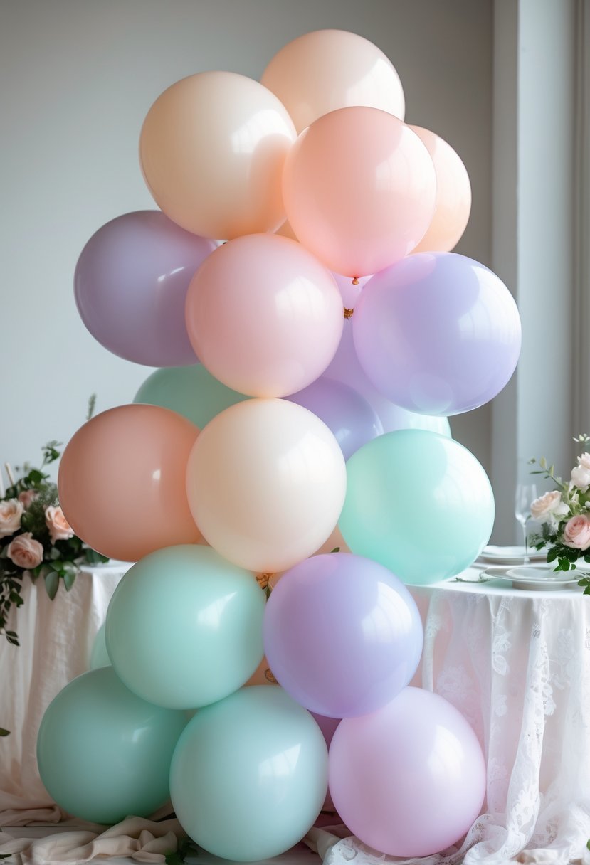 A cluster of pastel ombré balloons in soft colors arranged as wedding decorations with flowers and table linens in the background.