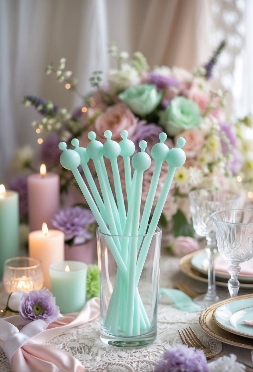 A collection of pale aqua cocktail stirrers displayed among pastel-colored wedding decorations including flowers and candles.