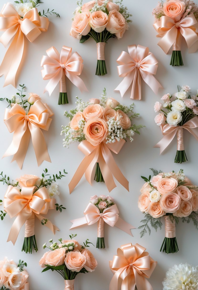 A collection of soft peach ribbon bouquets arranged with small white flowers and greenery on a neutral background.