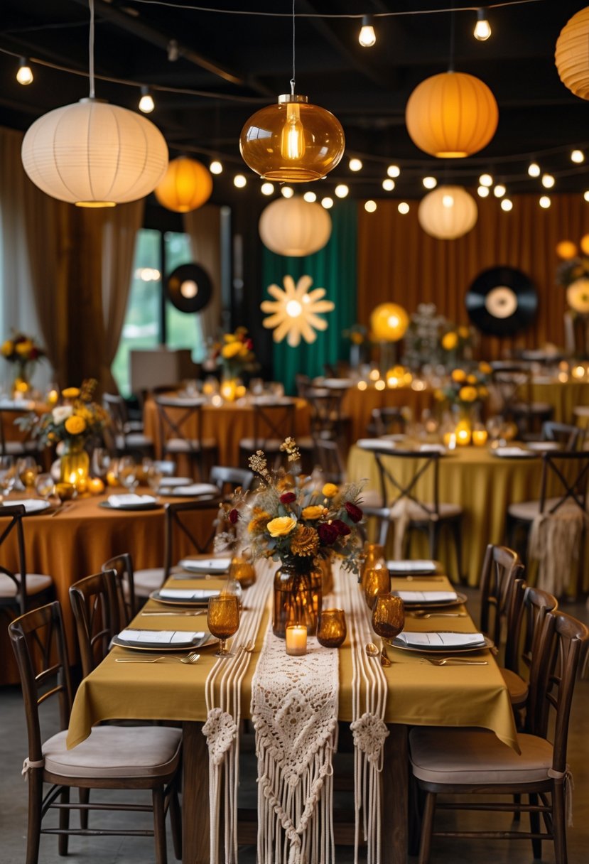 A wedding reception area decorated with vintage floral centerpieces, warm lighting, and wooden chairs around tables set for guests.