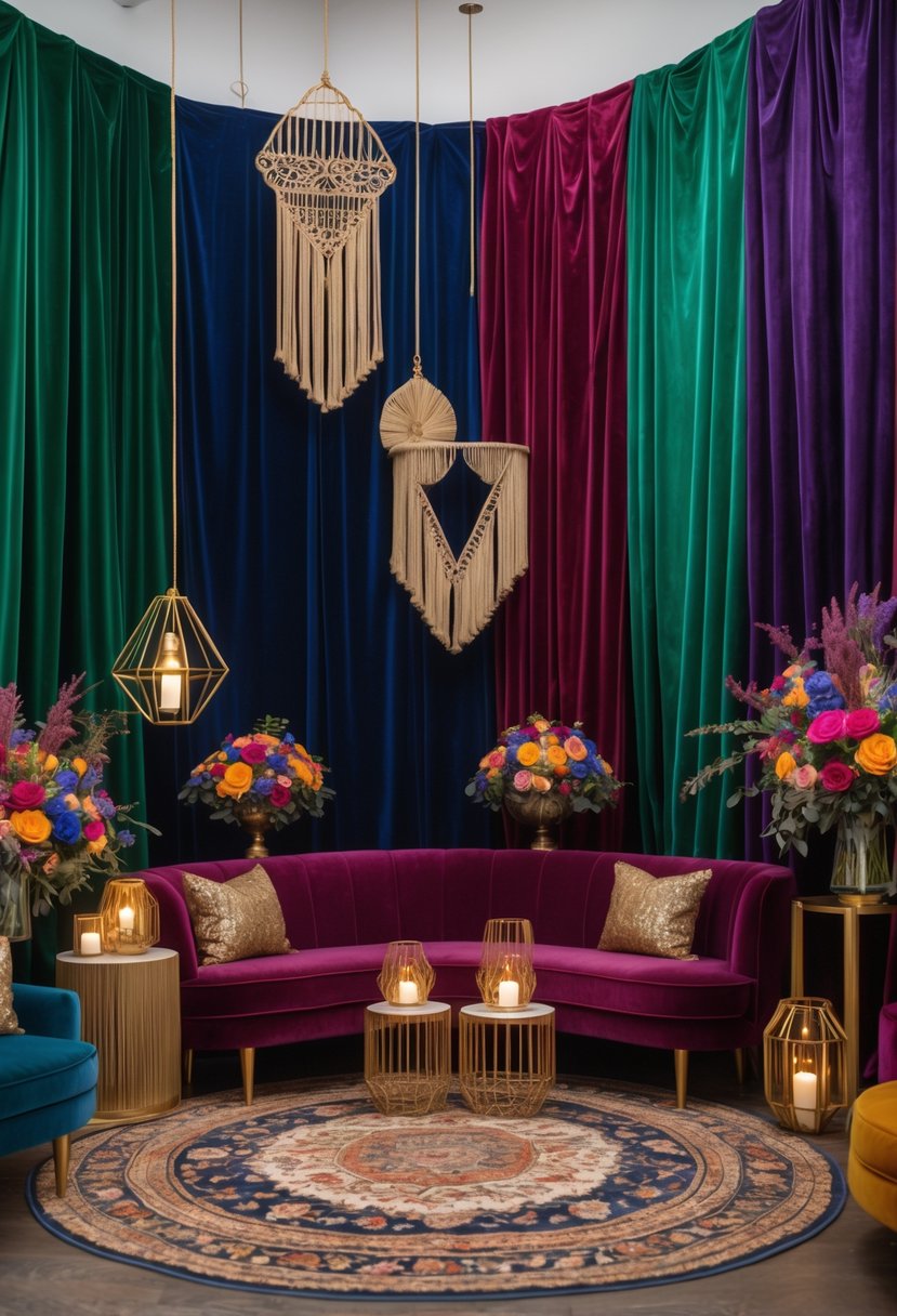A wedding venue with colorful velvet draped walls and various elegant decorations including flowers, candles, and vintage-style furnishings.