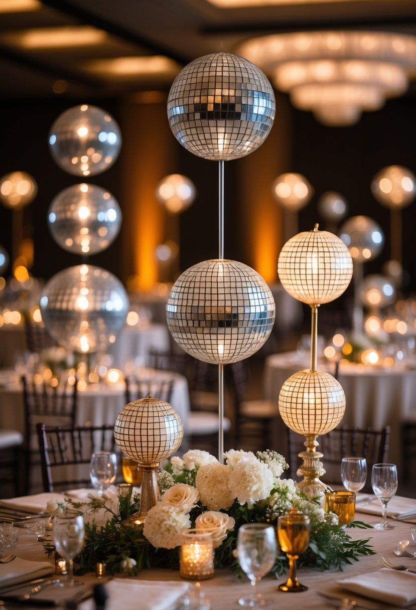 A wedding table with multiple disco ball centerpieces surrounded by flowers and glassware in a softly lit banquet hall.