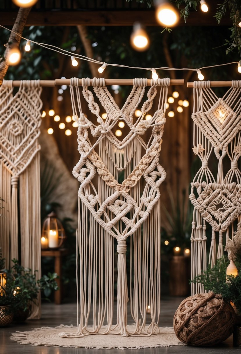 Wedding scene with macramé backdrops decorated with fairy lights and natural rustic elements.