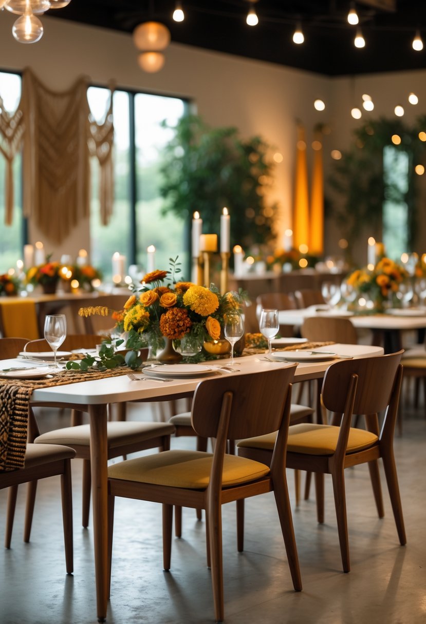A wedding reception area with wooden chairs and tables decorated with colorful flowers and candles, set in a warmly lit venue.