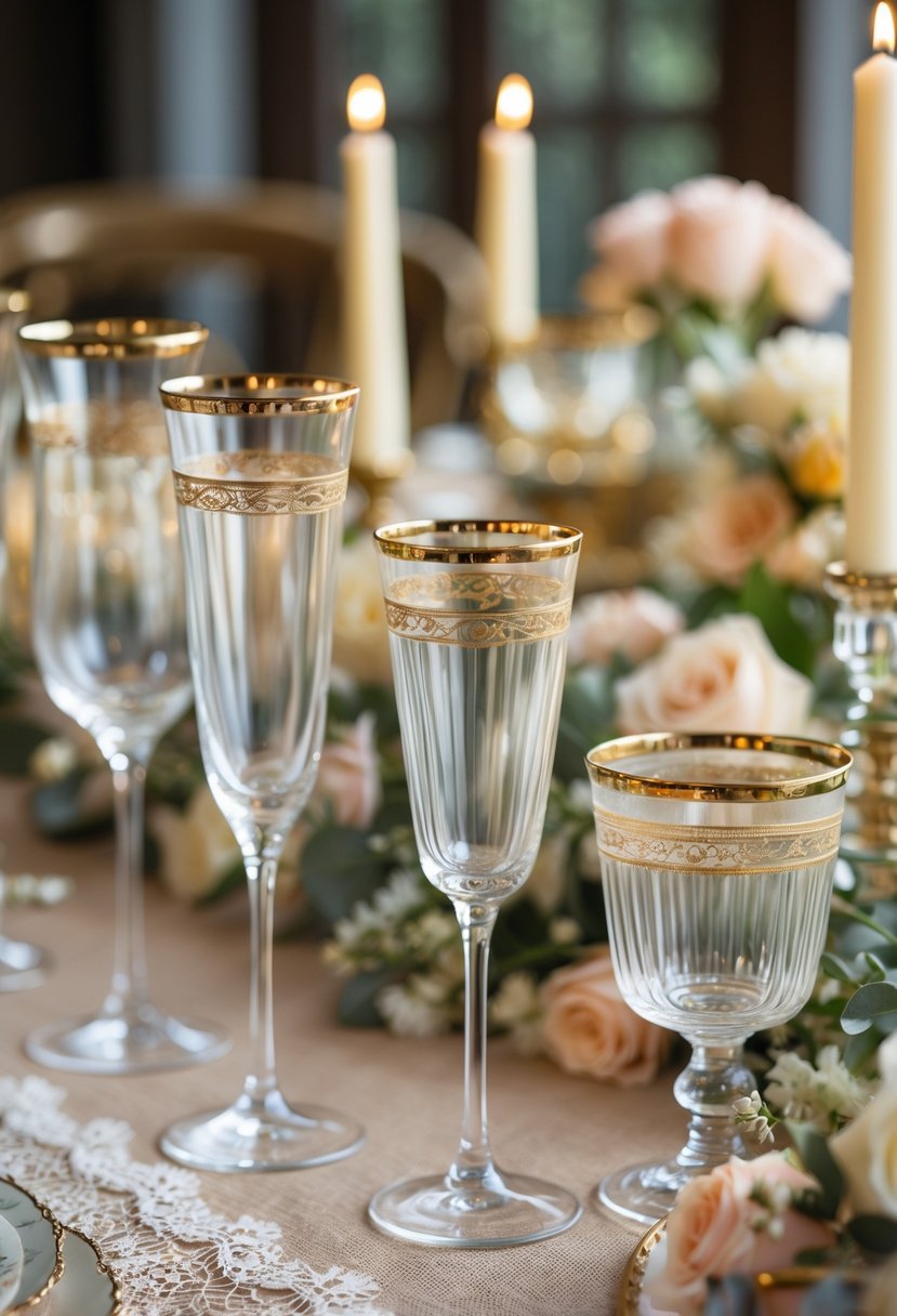 Close-up of a wedding table set with gold-rimmed glassware and floral decorations.