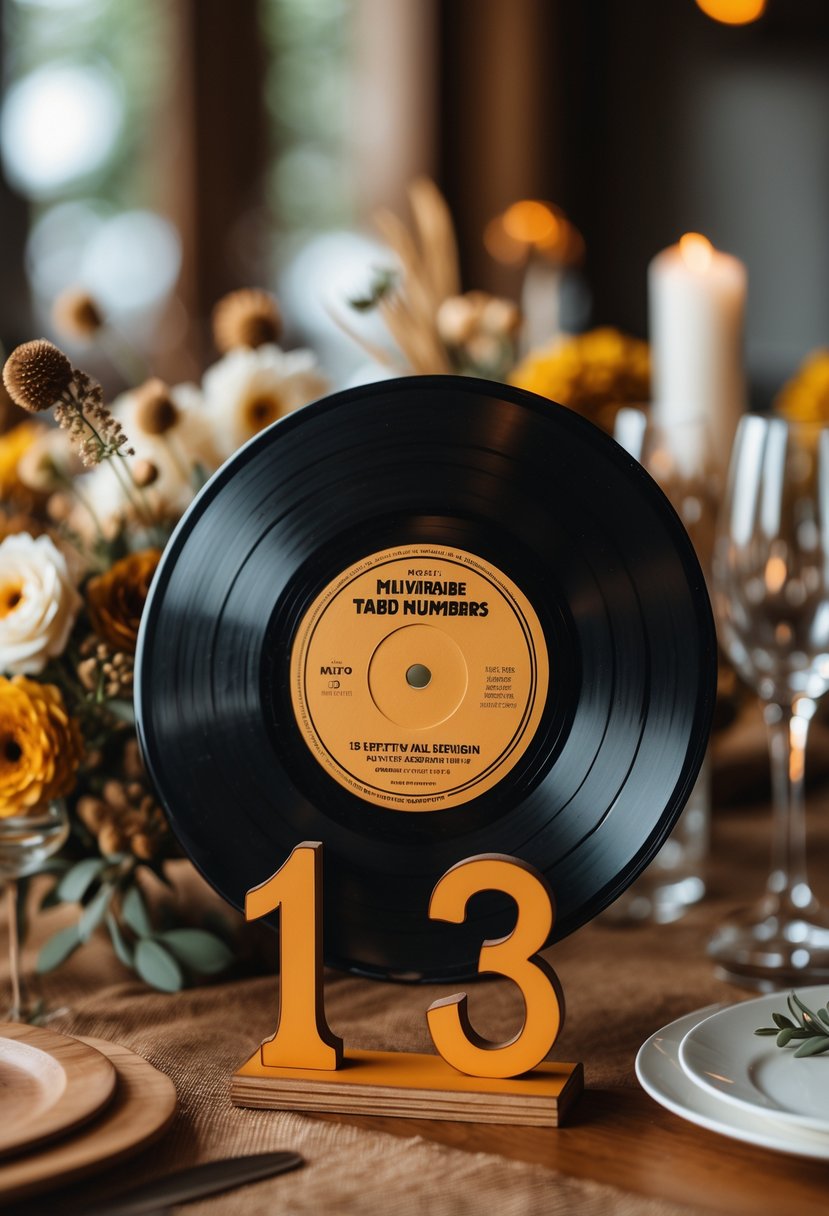 A vinyl record used as a table number 13 on a wooden table with a floral centerpiece at a wedding reception.