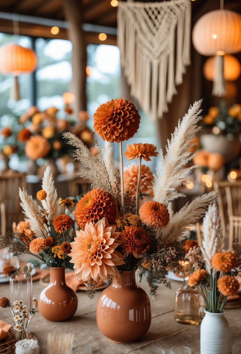 A wedding decor scene with multiple terracotta and burnt orange floral arrangements displayed on wooden tables and in vases, set in a warmly lit indoor venue.