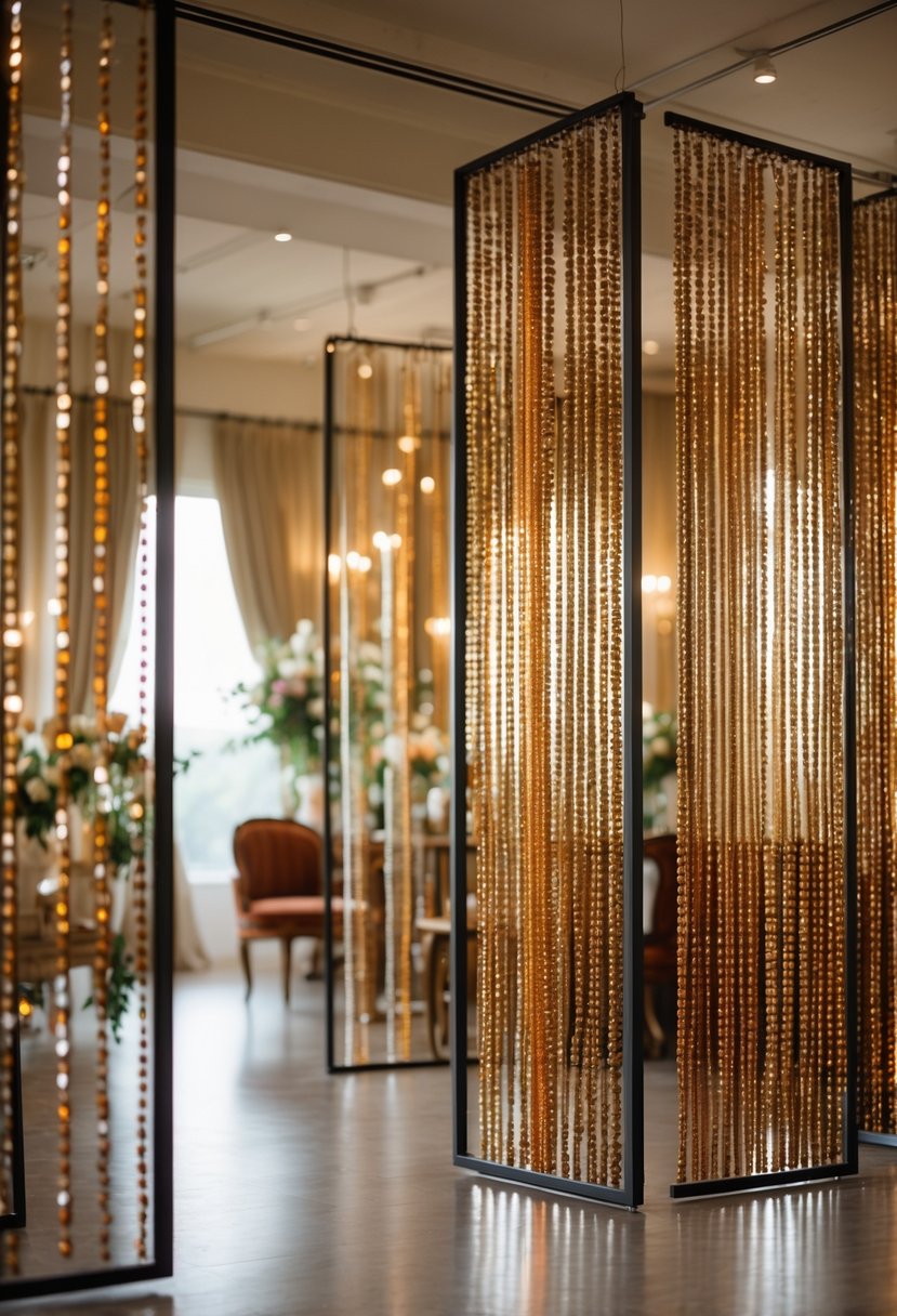 An indoor scene with multiple beaded curtain dividers hanging from the ceiling, surrounded by wedding decorations and vintage furniture.