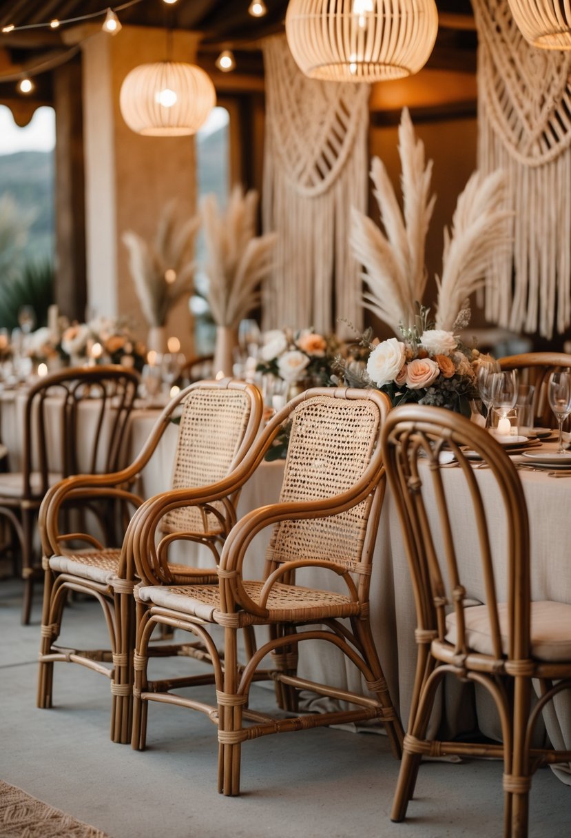 Wedding seating area with rattan and wicker chairs arranged around decorated tables in a warm, softly lit venue.
