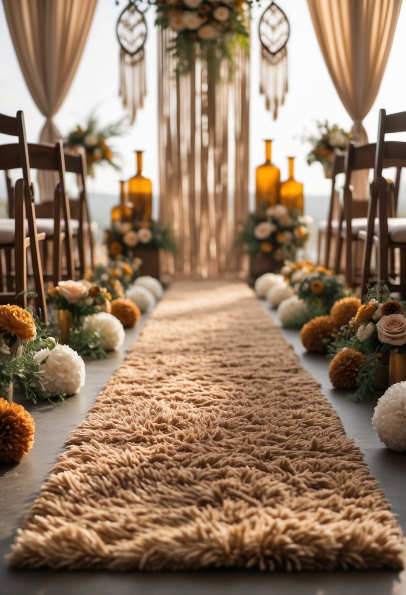 A wedding aisle with a plush shag carpet runner, flanked by wooden chairs and floral arrangements, decorated with warm-toned flowers and vintage-style accents.