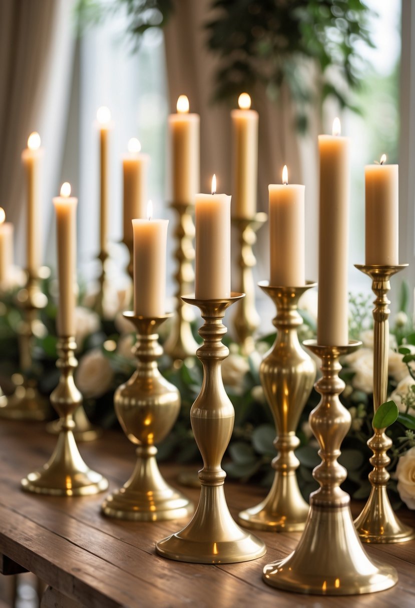 Thirteen brass candlestick holders arranged on a wooden table with soft natural lighting and a blurred background.