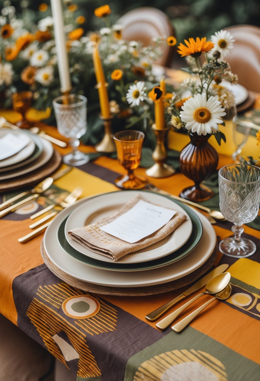 A wedding table set with geometric patterned table linens, glassware, cutlery, floral arrangements, and candles.