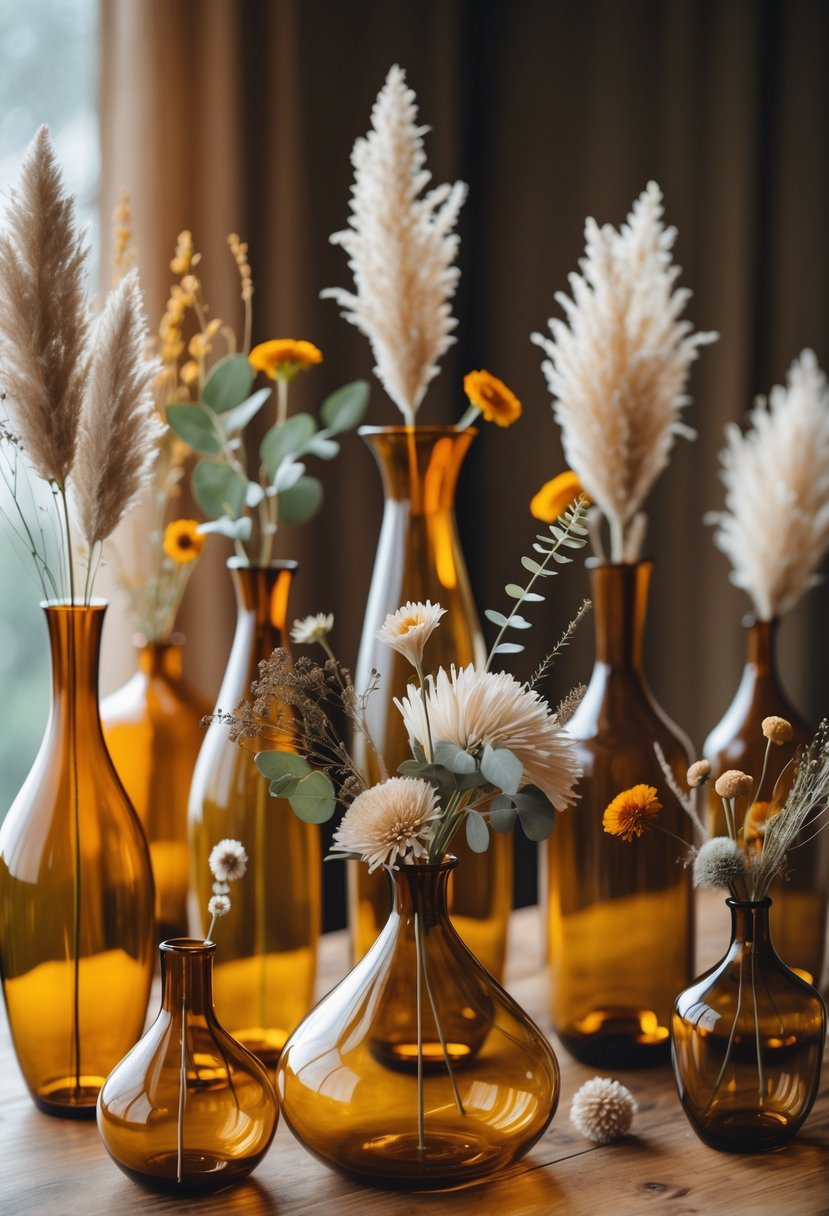 A collection of amber glass vases filled with dried flowers and greenery arranged on a wooden table.