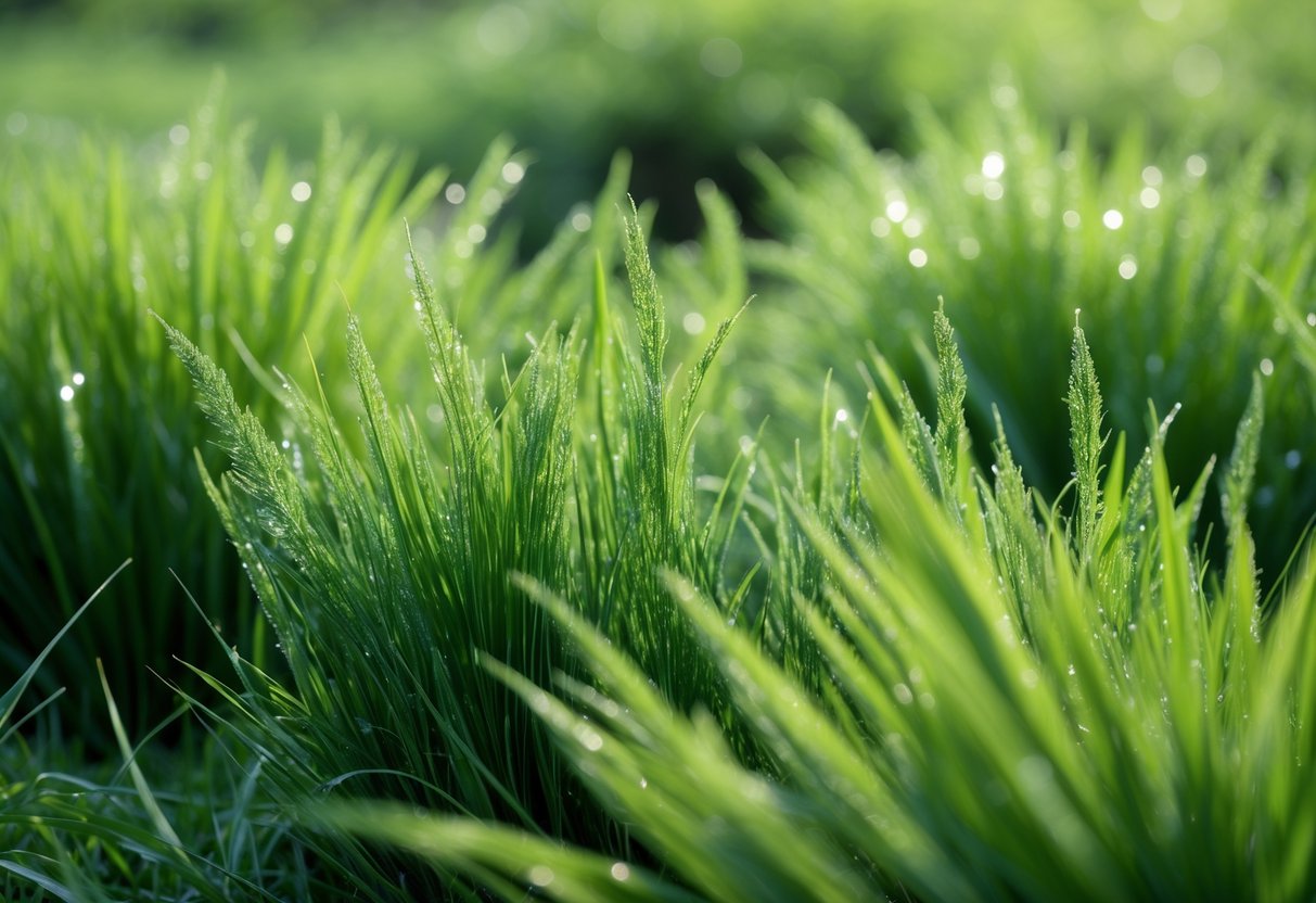 Close-up view of dense, green Tall Fescue grass with dew drops outdoors.