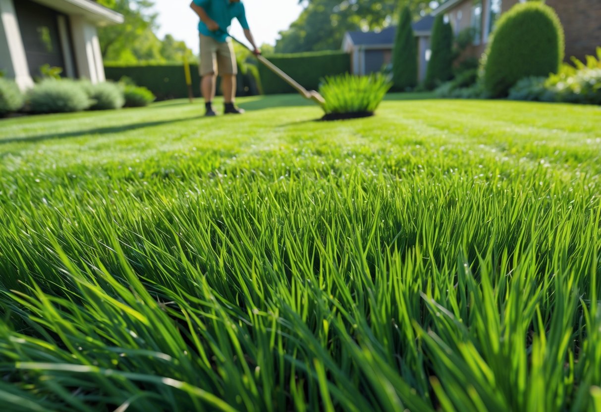 A green, well-maintained Tall Fescue grass lawn with a person tending it in a sunny backyard.