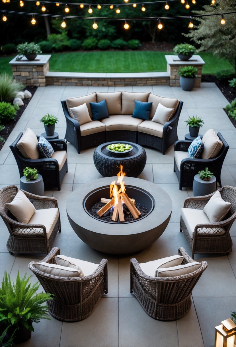 Outdoor patio with a large firepit or planter surrounded by various patio furniture arranged for seating and socializing.