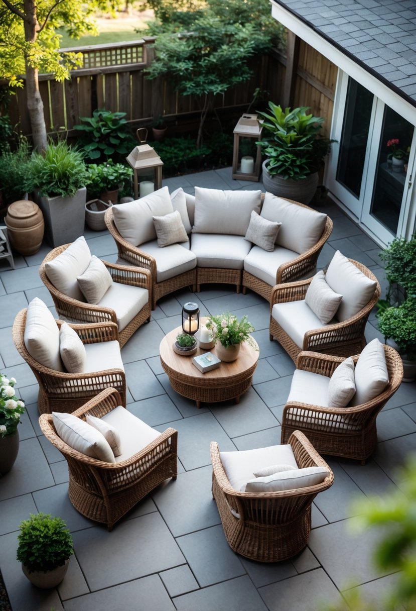 Outdoor patio with chairs and sofas arranged in a circular layout surrounded by plants.