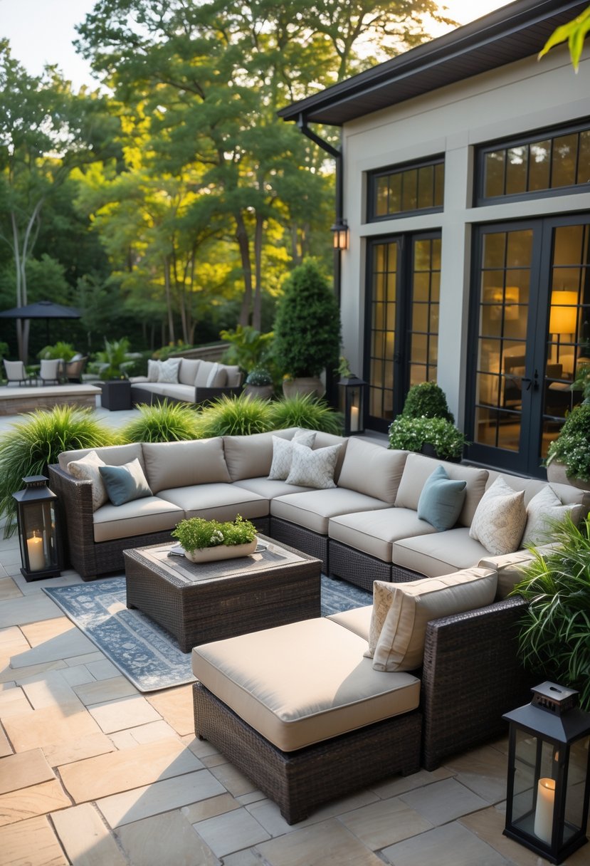 Outdoor patio with a U-shaped sectional sofa arranged around a coffee table, surrounded by plants and a modern home exterior.
