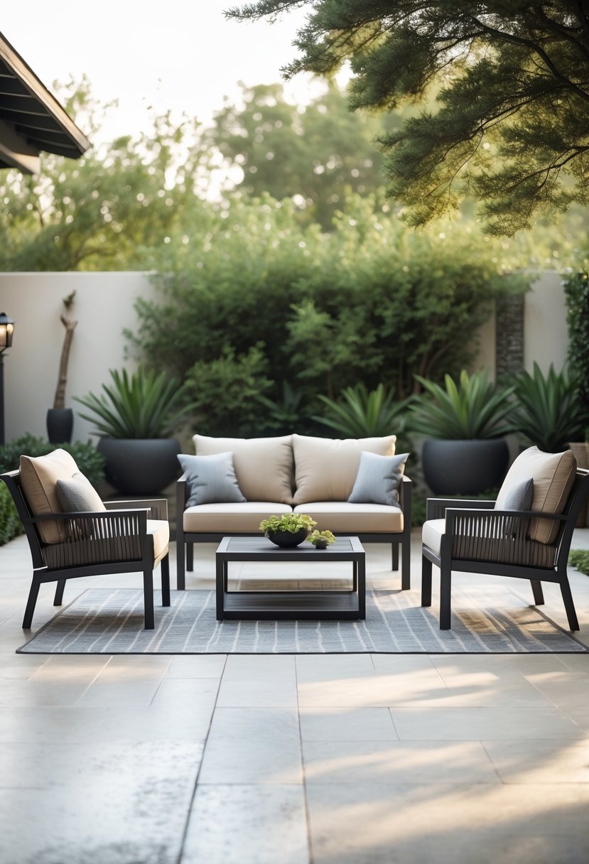 An outdoor patio with a sofa and two matching chairs arranged facing each other around a low table.