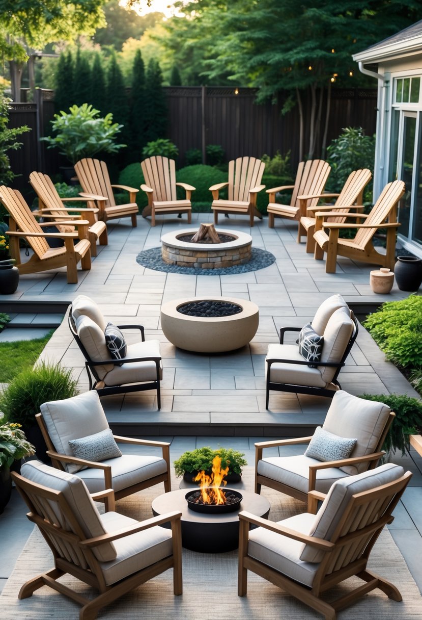Outdoor patio with a variety of Adirondack and lounge chairs arranged in multiple seating layouts surrounded by greenery.