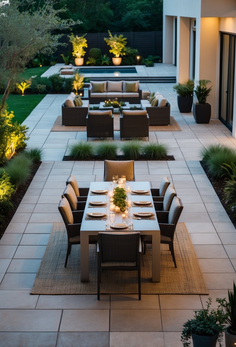 Outdoor patio with separate dining and lounging areas featuring a table with chairs and cushioned sofas surrounded by plants.