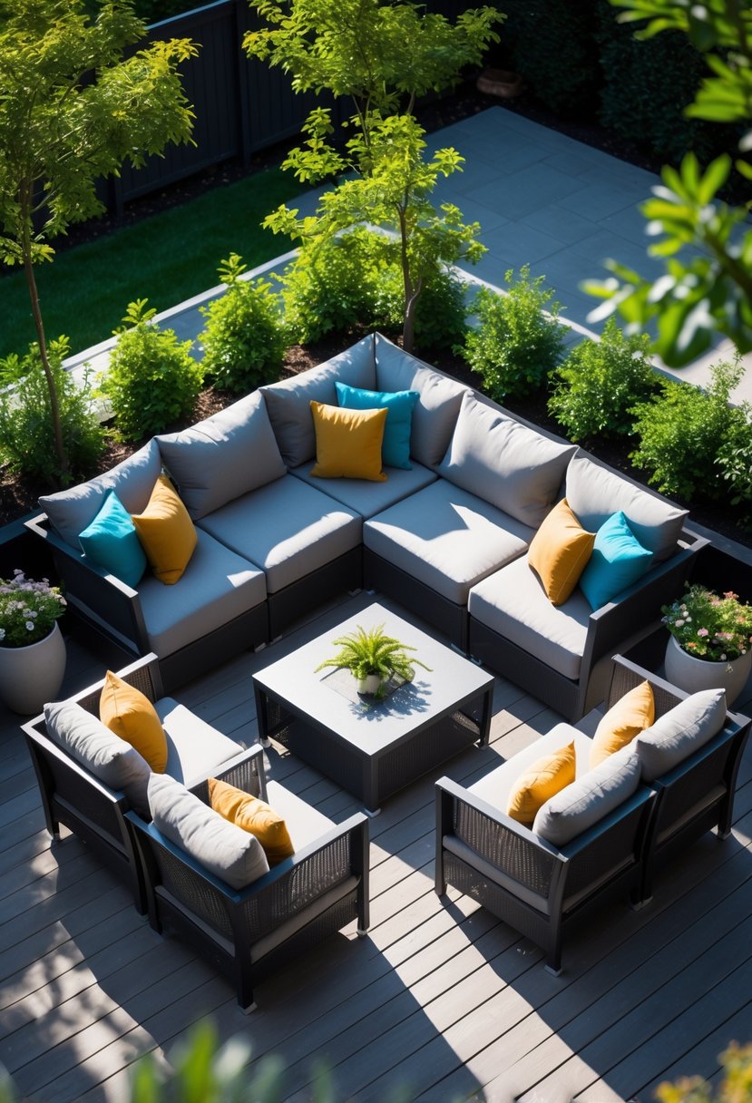 Outdoor corner patio seating area with cushioned furniture arranged around a low table on a wooden deck surrounded by plants.
