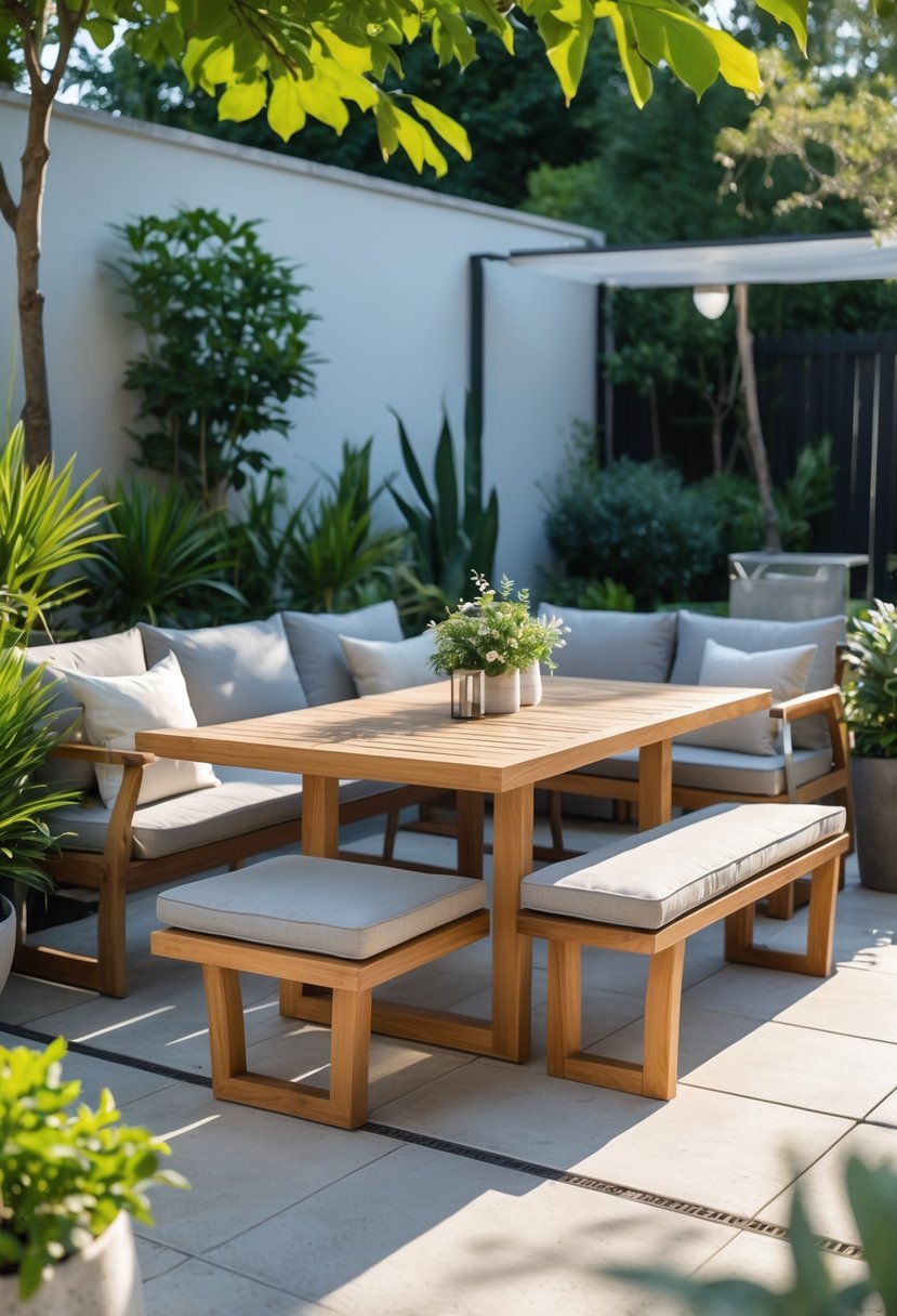 Outdoor patio with a wooden dining table, bench, and chairs surrounded by plants and natural light.