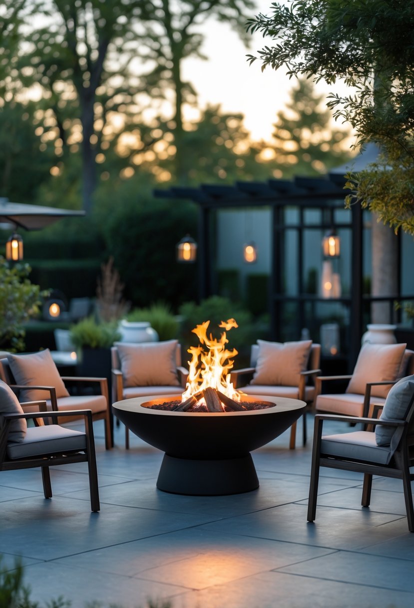 Outdoor patio with a dining table and chairs arranged around a lit firepit.