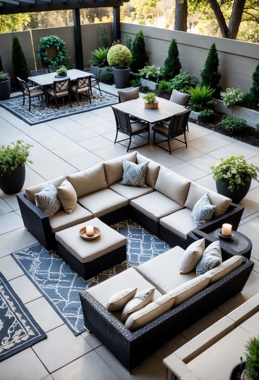 Outdoor patio with a sectional sofa creating separate seating areas surrounded by various patio furniture and plants.