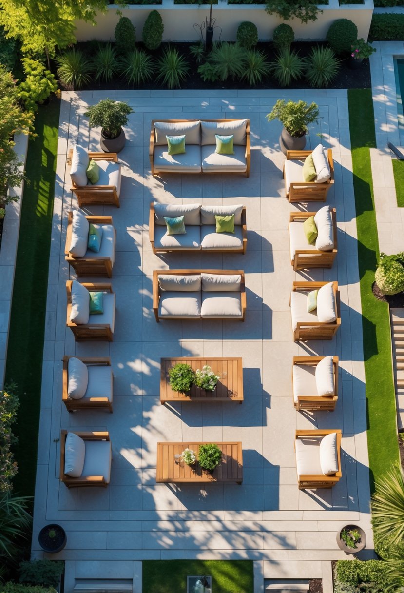 Outdoor patio with multiple furniture arrangements and clear pathways for easy movement surrounded by plants.