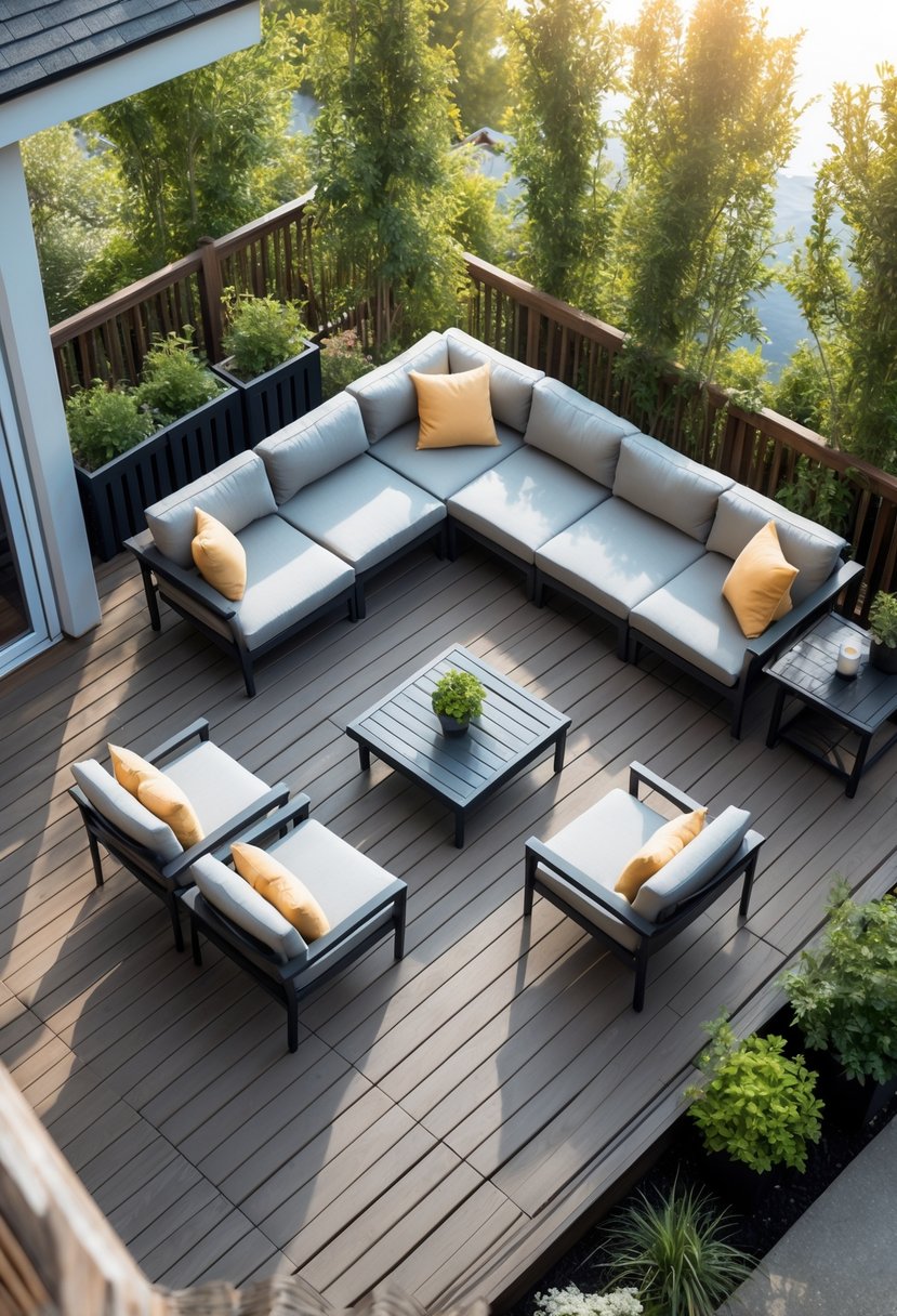 An outdoor wooden deck with patio furniture arranged to maximize seating and space, including a sectional sofa, armchairs, a coffee table, and a dining set surrounded by plants.