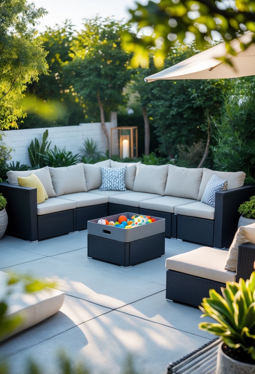 Outdoor patio with arranged furniture including sofa and chairs, featuring a hidden storage bin for toys or accessories among plants.