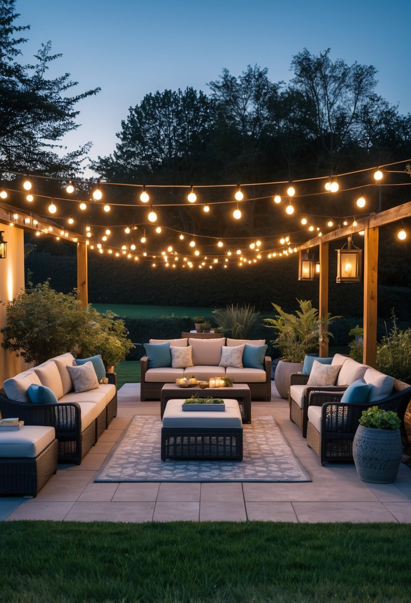 An outdoor patio with multiple furniture arrangements illuminated by warm ambient lighting during early evening.
