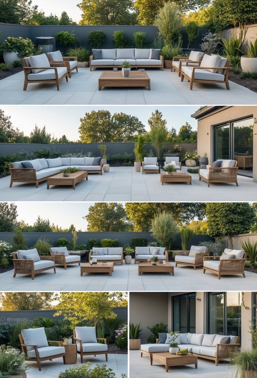 Outdoor patio area with various arranged seating and dining furniture surrounded by plants and greenery.