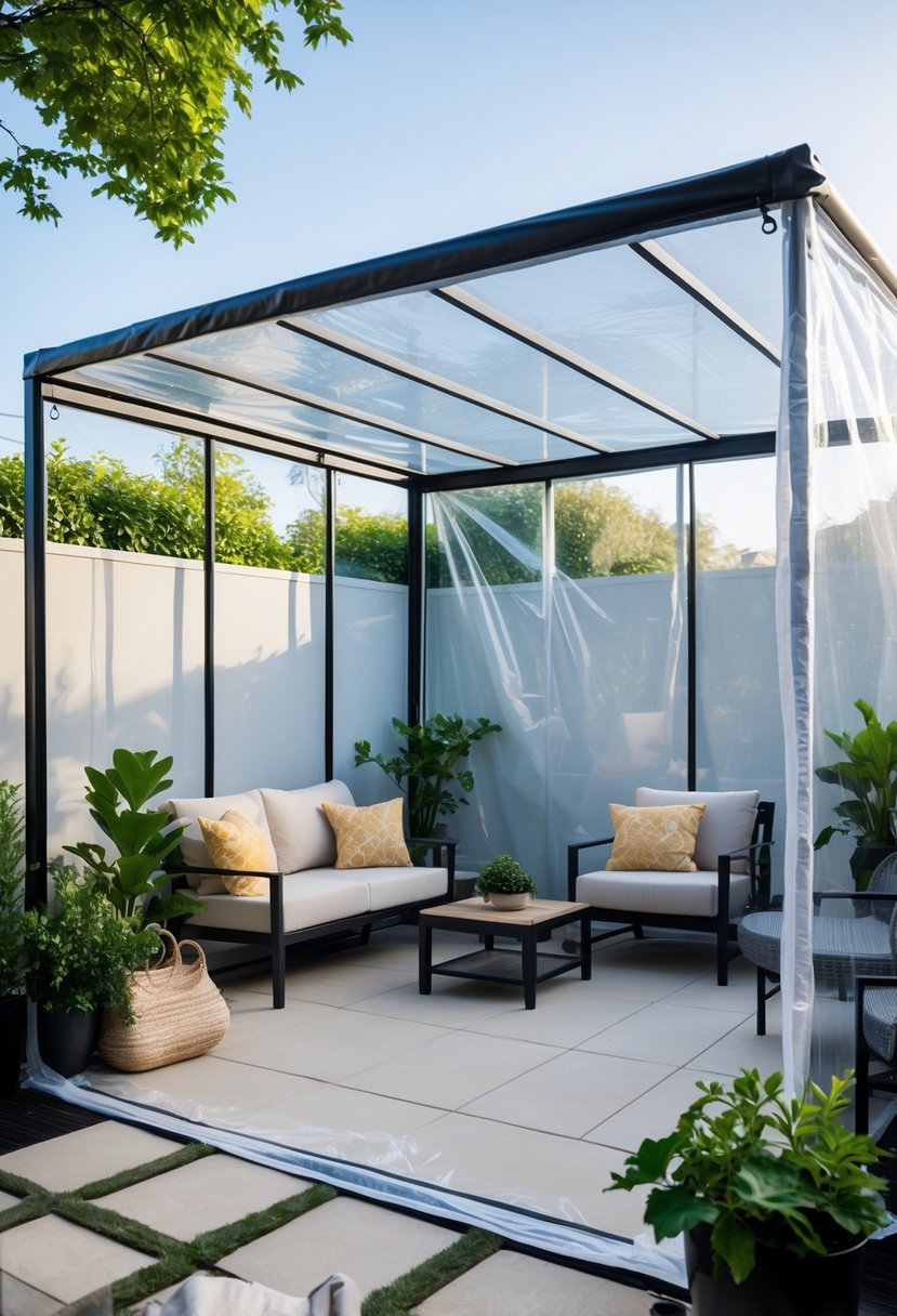 An outdoor patio enclosed with clear vinyl tarps, featuring comfortable seating and plants around.