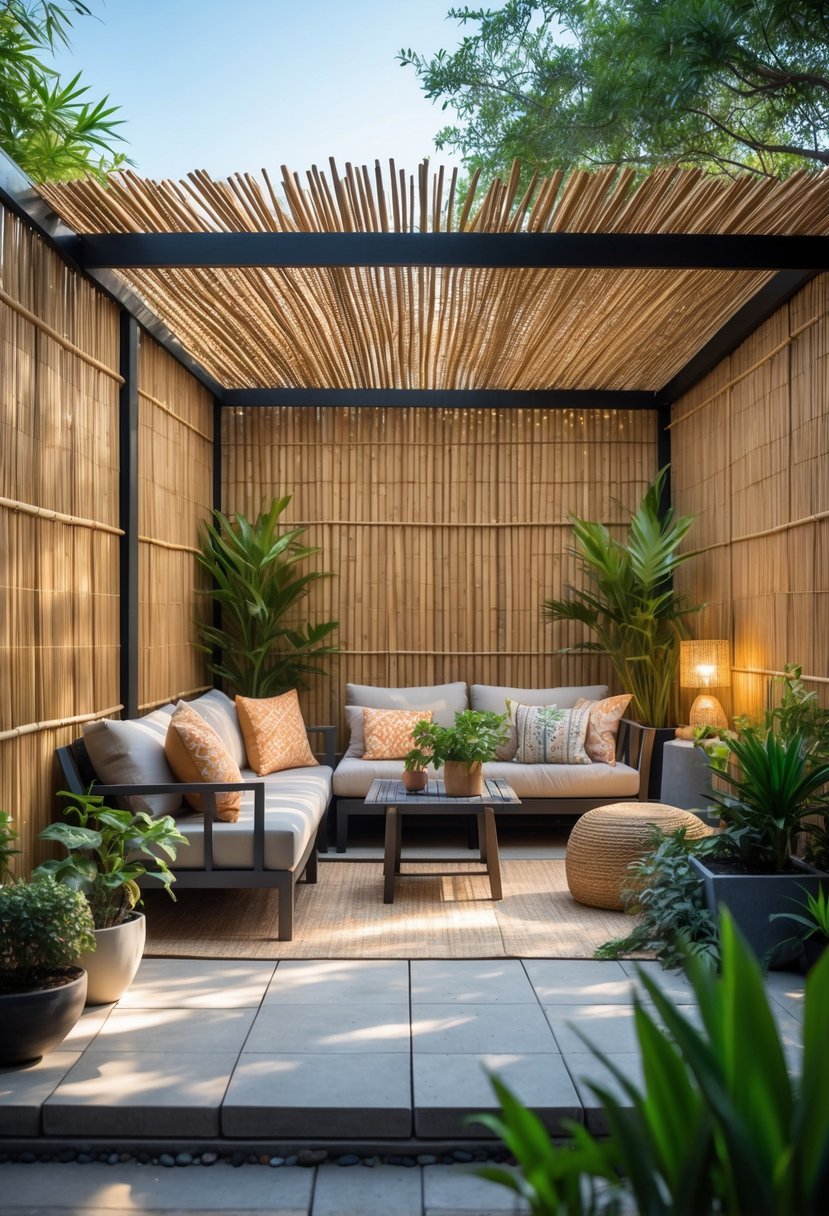 Outdoor patio enclosed with bamboo reed screens, featuring comfortable seating, plants, and a coffee table.