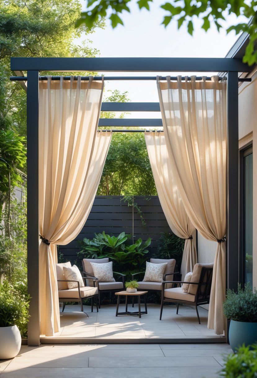 Outdoor patio with curtains hung around a seating area surrounded by plants.