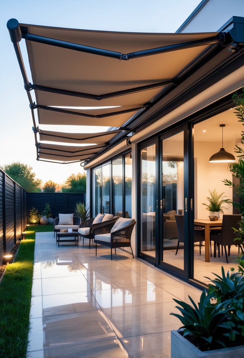 Outdoor patio with retractable awnings extended over seating area enclosed by transparent panels.