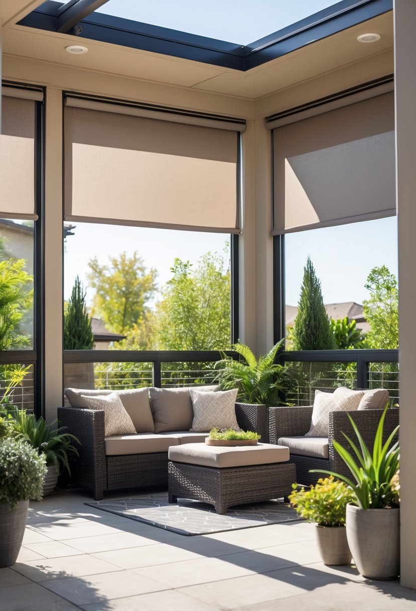 Outdoor patio with solar shades blocking sunlight, comfortable seating, and plants on a sunny day.