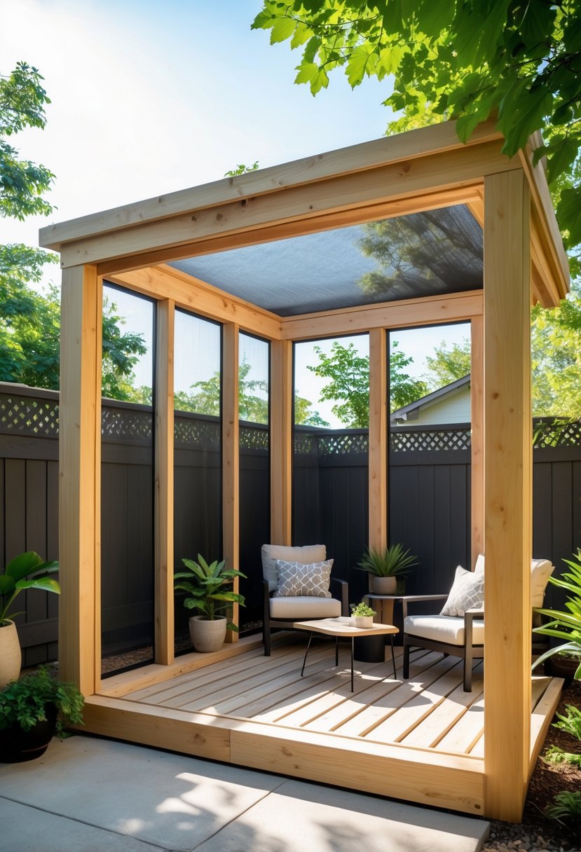 A backyard patio enclosed by a wooden frame with mesh screens, furnished with outdoor chairs and surrounded by plants.