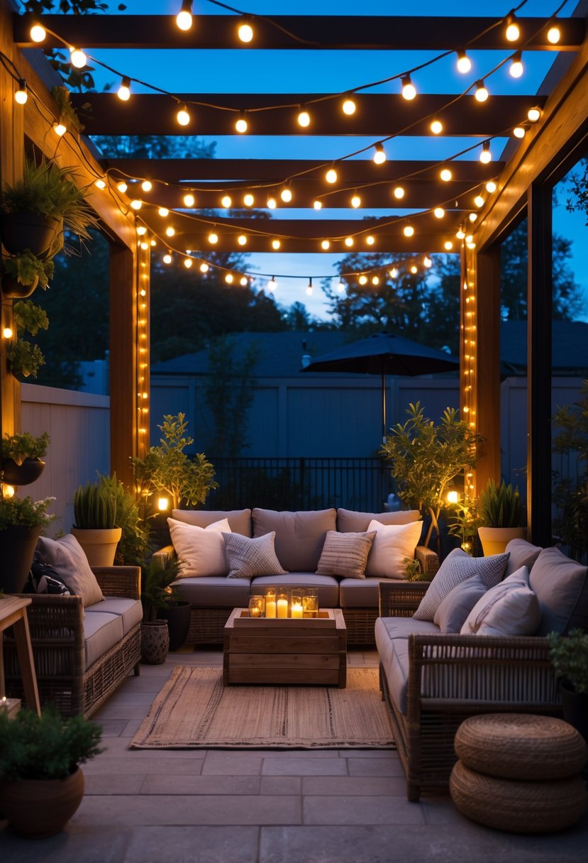 Outdoor patio enclosure at dusk with string lights glowing overhead, cozy seating, and plants creating a warm and inviting atmosphere.