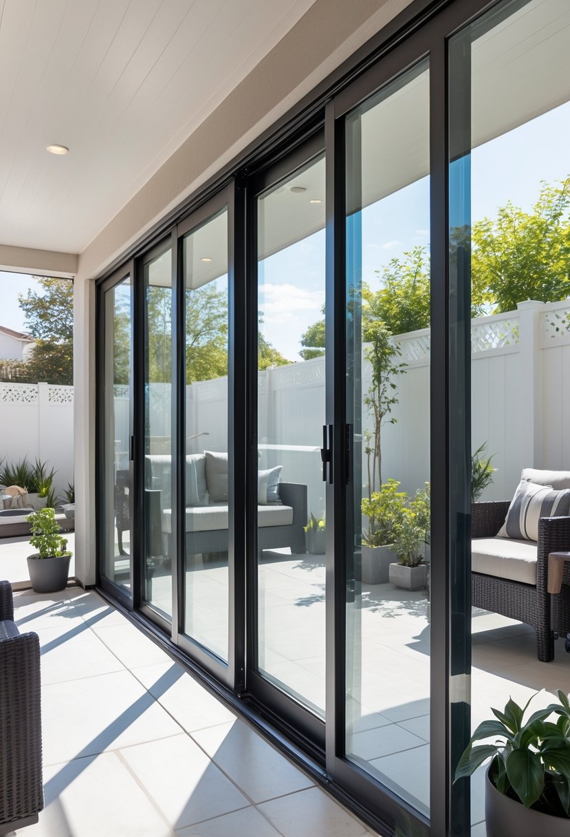 A patio with sliding glass doors opening to an outdoor seating area with plants and furniture.