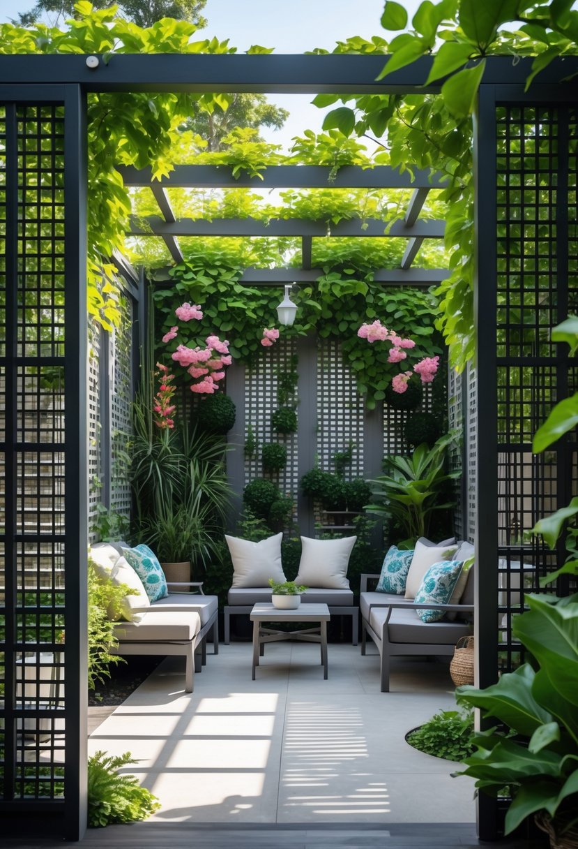 Outdoor patio with lattice panels covered in climbing plants, seating area, and garden background.