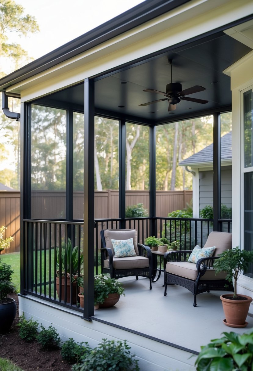 A screened-in porch with outdoor furniture and plants overlooking a backyard.
