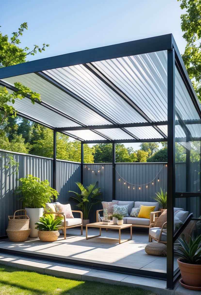 A patio with a clear corrugated plastic roof, comfortable seating, plants, and a garden in the background.