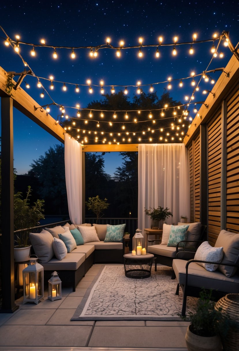 A nighttime patio enclosure softly lit by twinkle lights with comfortable seating, plants, and decorative elements creating a cozy outdoor space.